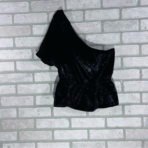 7 for All Mankind NWT One-Shoulder Ruffle Top in Black Shine Size S - Picture 4 of 9